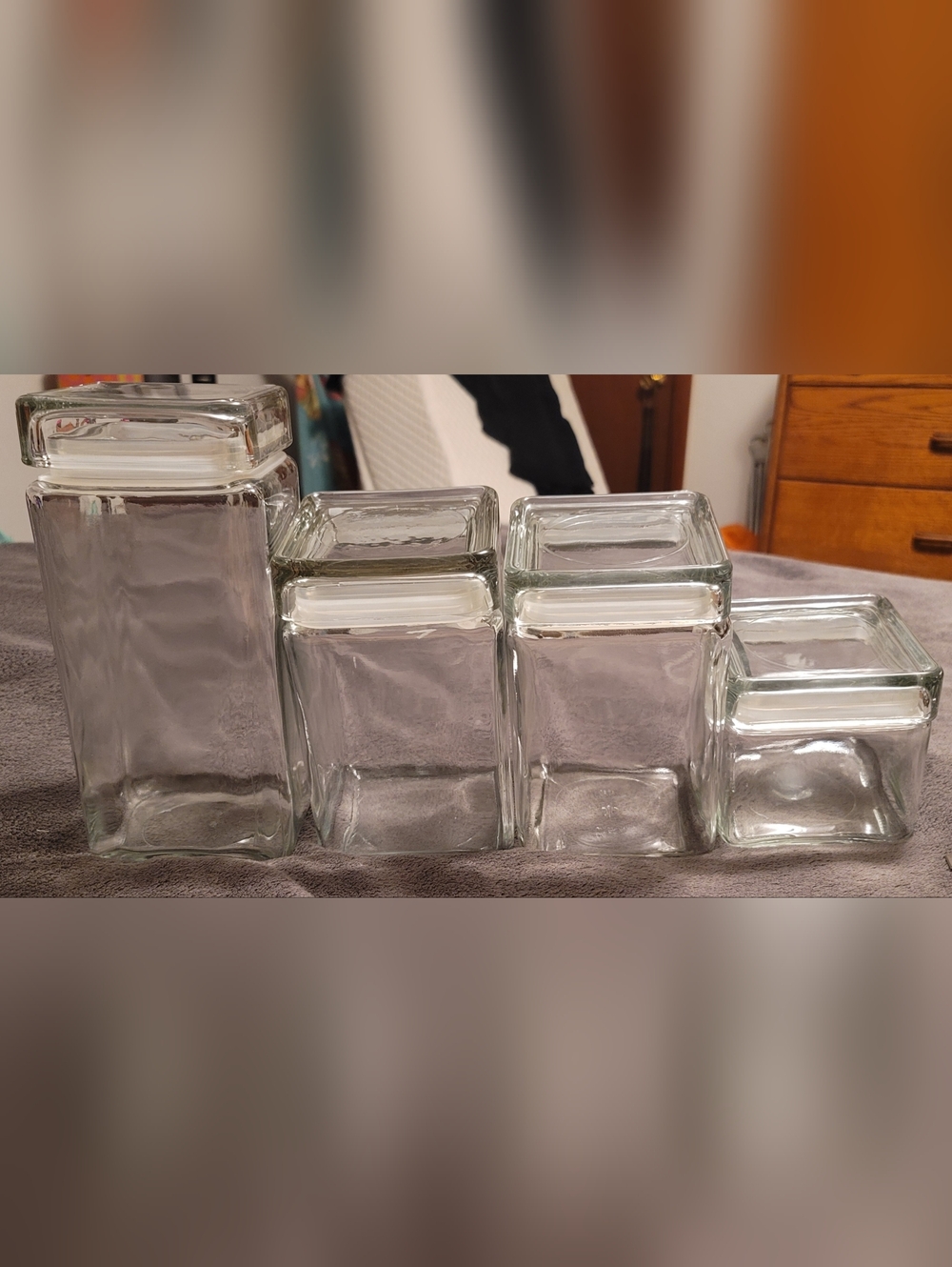 SOLD. Anchor Hocking Clear Glass Square Jars.  Set Of 4